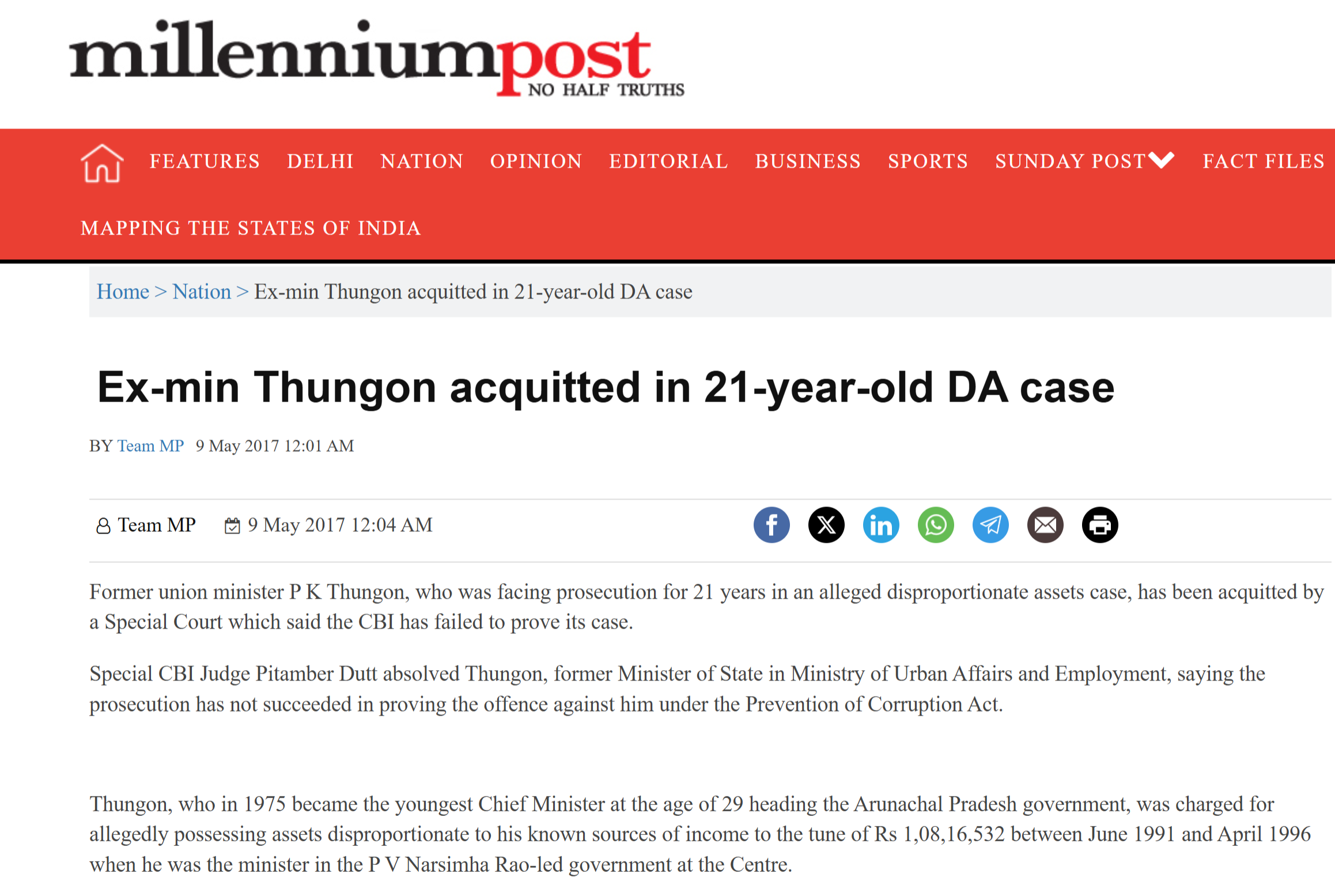 Harsh K. Sharma, Founder and Vaibhavi Sharma, Associate Partner, featured in Millennium Post for representing Former Union Minister P.K. Thungon and successfully obtaining his acquittal by a Special Court in an alleged disproportionate assets case.